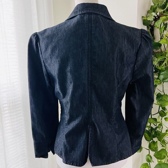 Apostrophe' Blue Stretchy Denim Single Jeweled Button Jacket - Size 12 - Picture 6 of 8